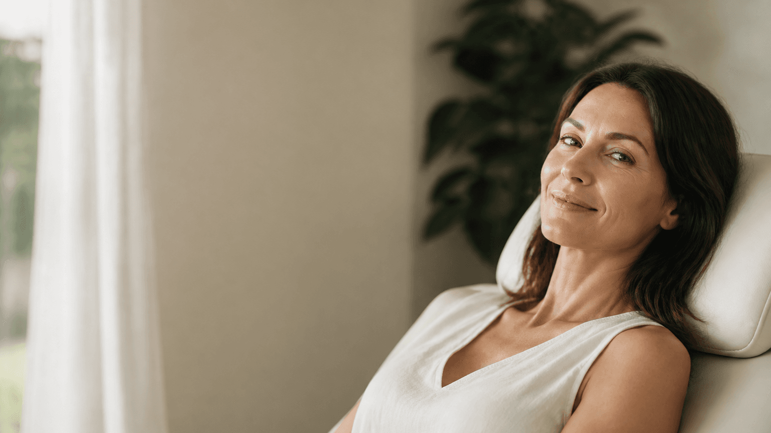 A client with calm, natural skin resting in soft daylight inside a quiet treatment room