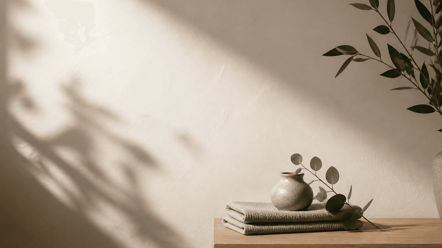 A still life of glass, linen and instruments from the Luma studio in warm daylight